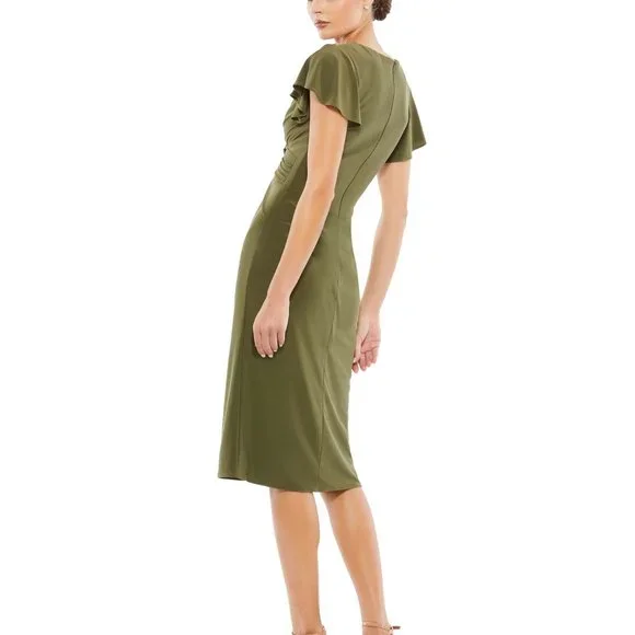 NEWMAC DUGGAL 12486 FLOUNCE SLEEVE‎ MIDI DRESS OLIVE GREEN SIZE 8